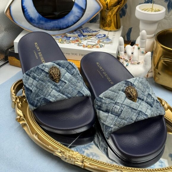 🆕 KURT GEIGER LONDON 🧿 NWOB Blue Denim Meena Eagle Slides, Sz EU 38 US 7.5 - Picture 5 of 12